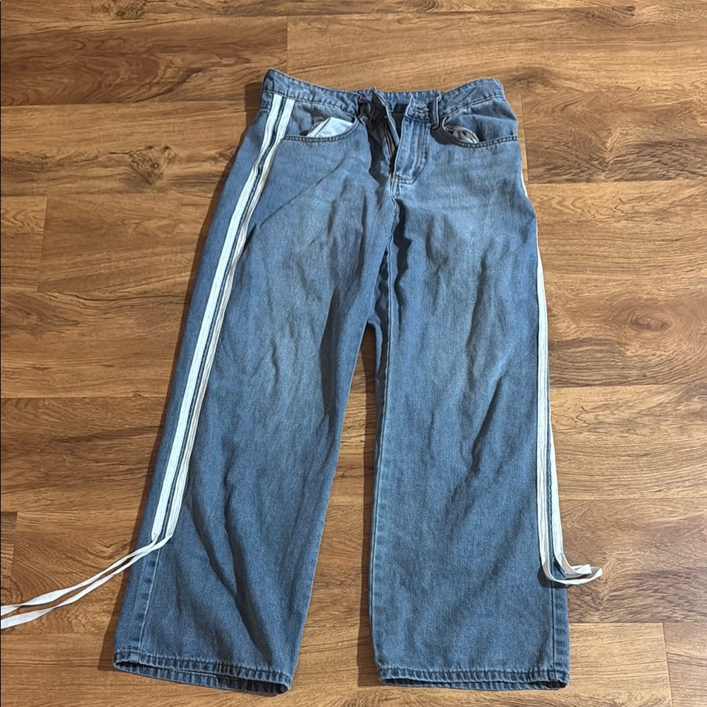 Blue Denim Pants with White Stripes and Bows the tie on the end